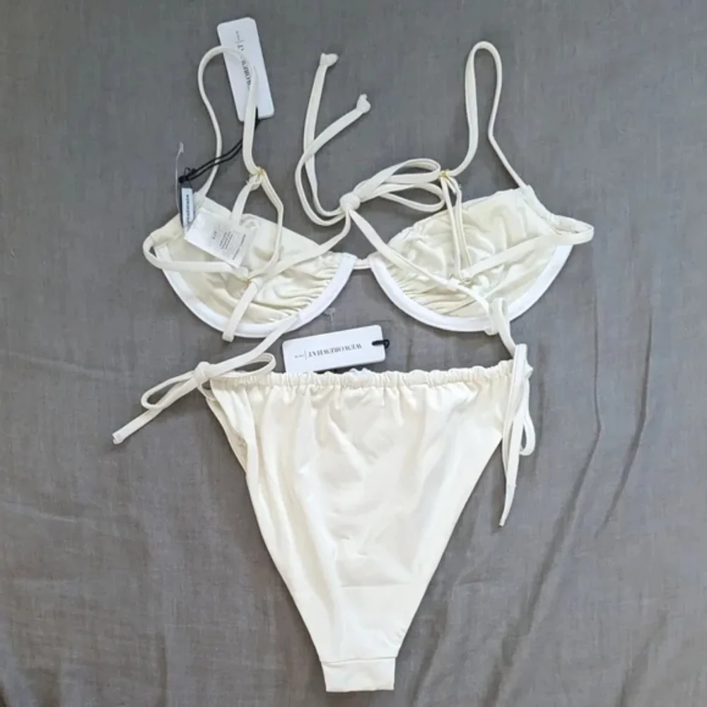 WeWoreWhat Ruched Underwire Bikini Top Side Tie High Leg Bottom Pearl White